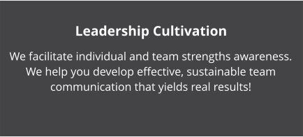 Leadership Cultivation  We facilitate individual and team strengths awareness. We help you develop effective, sustainable team communication that yields real results!